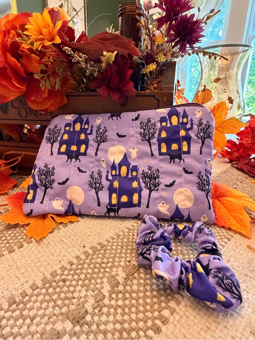 Halloween Purple Haunted House Pouch with Scrunchie - Unbranded